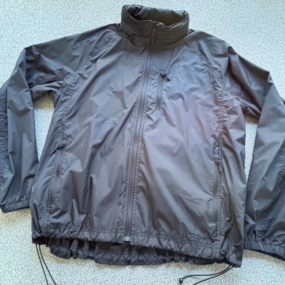 L.L.Bean Windbreaker Jacket Mens L Black Full Zip Packable Hood Gorpcore